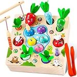 COOLJOY Wooden Fishing Game Toy | 4 In 1 Magnetic Montessori Toys for 2 Year Olds | Carrots Harvest Toy Shape Sorter | Toddler Educational Gift for 2 3 4 Year Olds Girls Boys