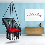 Curio Centre Make in India Rectangular (Large) Premium Swing with Polyester Ropes & Mild Steel Frame for Adults & Kids/Indoor Outdoor Hanging Swing with Cushion & Accessories (66 x 96 x 144 cm, Black)