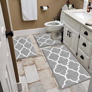 Vaukki 3 Pieces Bathroom Mats Set, Modern Non Slip Microfiber Bath Contour Rug Set, Plush Absorbent Washable U-Shaped Toilet Rug Combo Set for Bathroom, Tub and Shower, Grey