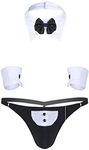 JEATHA Men's Waiter Cosplay Lingerie Set Tuxedo Thong with Bow Tie Collar Bracelets Christmas Underwear Black&White#A M