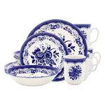 Tudor Royal 16-Piece Porcelain Round Dinnerware Set, Service for 4, Victoria Blue Design, Blue Floral, Plates Bowls Dishes, Glossy, Premium Quality Tableware, Unique Pattern