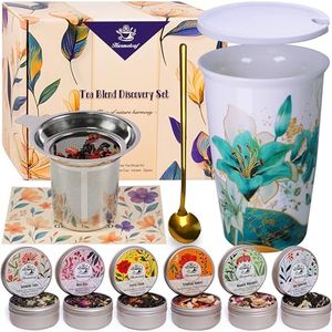Harmoleaf Tea Gift Set for Women, 6 Loose Leaf Tea Blends with Blue Lily Insulated Ceramic Cup, Stainless Steel Infuser, Lid and Gold Spoon, Birthday, Mother's Day, Anniversary, Retirement Gift for Her