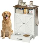 Dog Feeding Station with Storage, Rustic Barn Door Dog Food Cabinet with Pull-Out Stainless Steel Bowls, Pet Feeding Station with Side Hooks for Medium & Large Dogs