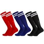 Invalidism 3 Pairs Kids Football Socks, Childrens Football Socks Kids Breathable Soccer Sock Long Football Socks for Sporting Running Training Socks for Children Aged 5-12(Blue+Black+Red)