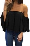Bluetime Women Summer Off Shoulder Chiffon Blouse Ruffles Short Sleeves Tops Casual T Shirt, Black, Medium