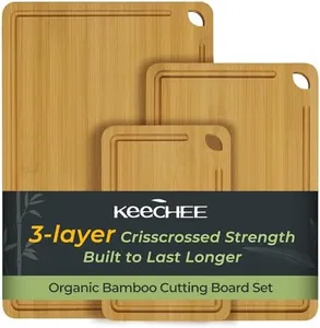 Keechee Wood Cutting Board for Kitchen - Reversible Bamboo Cutting Boards Gift Set of 3 with Juice Groove, Wooden Chopping Board for Meat, Fruit, Vegetables & Cheese (Pre Oiled, Natural)