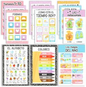 Hadley Designs Spanish Classroom Decorations - 12 Spanish Posters for Classroom Decor, Abecedario para Niños en Español, 11x17 Laminated Pastel Bilingual Educational Posters for Toddlers 1-3