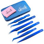 SIVOTE 6-Pack Professional Lash Tweezers for Eyelash Extensions Japanese Steel, Blue