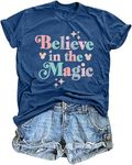 DUTUT Magical Shirt for Women Believe in Magic Kingdom Tshirt Saying Letter Printed Graphic Tee Family Happy Vacation Tops Blue