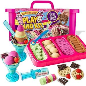 GirlZone Ice Cream Shop Play Sand for Kids, 22pcs Moldable Sand Kit - Serving Tools, Glasses, Spoon, Decorations, Stickers & 2lbs Colorful Sand, Fun Kids Sensory Toys, Ideal for Kids