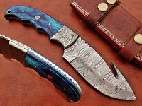 9.5" Hand Forged Damascus Steel Gut Hook Skinning Knife, Natural wood Scale with Damascus Bolster, Full Tang Blade Rain Drop Pattern Drop Point Blade, Cow Leather Sheath (Brown) (Blue)