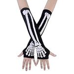 JISEN Women Punk Winter Knitted Stretchy Soft Arm Warmer Fingerless Gloves White Skeleton