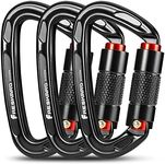 3pack Locking Climbing Carabiners-UIAA CE Certified 25kN Auto Locking Carabiner Clips, Carabina Twist Lock and Heavy Duty caribeaners for Rock Climbing, Rappelling, Dog Lead, D Shaped, Large, Black