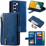 EYZUTAK Wallet Case for Samsung Galaxy S23, Retro Matte 9 Card Holder Slots Zipper Pocket Case PU Leather Magnetic Closure Kickstand with Wrist Strap Shockproof Folio Flip Case -Blue