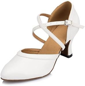 Minishion Women's Closed Toe Dance Shoes Ankle Strap Dancing Pumps, Hw044 White 2.8" Heel, 7 US