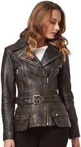 Smart Range Leather 'Feminine' 2812 Señoras Negro Frotar Lavado Ciclista Diseñador de Estilo Chaqueta de Cuero Real (EU 42 / UK 16)