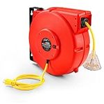 ReelWorks Extension Cord Reel Retractable Longest Industrial 12awg x 80' Foot Commercial Premium Grade Ultra Flexible 3C/SJTOW Glow Strip Cable and Led Light Up Triple Tap Connector Use Indoor/Outdoor