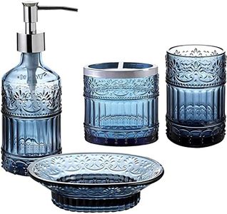 WHOLE HOUSEWARES | Premium Bathroom Accessory Set | 4-Piece Decorative Blue Glass Bathroom Decor Accessories Set | Soap Dispenser, Tray, Jar, Toothbrush Holder | Elegant Mosaic Glass (Blue)