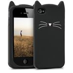 kwmobile Case Compatible with Apple iPhone 4 / 4S - Cat Case Soft Cute Protective Silicone Cover - Black/White