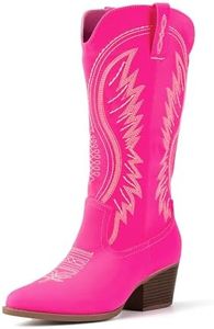 Fomoti Women's Western Cowboy Boots - Embroidered Ankle Booties with Chunky Block Heel, Side Zipper Suede Cowgirl Boots for Country Concert(5,pink)