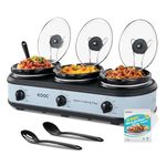 KOOC Triple Slow Cooker Buffet Server and Food Warmer 3x1.5 Quart Individual Temp Control With Lid Rests & Spoons With Liners Included Blue Grey