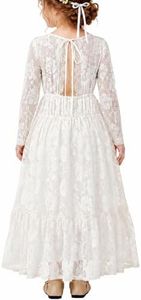 ALLOVIN Girls First Communion Dress Long Sleeve Lace Boho A-Line Flower Girl Dress for Wedding Baptism Party 3-12 Years | Ivory | 4-5Y
