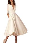 YMING Women's Deep V Neck Dress 3/4 Sleeve Solid Color Dress Pockets Dress Swing Hem Dress White XL