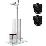 Smartpeas Toilet Roll Holder - Shiny Chrome - Toilet Paper Holder - Stainless Steel Chrome Plated Free Standing with Glass Base - Size 32x20x70 cm - Plus: 1+2 Extra Toilet Brush Heads Exchange