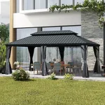 Domi 12' X 18' Hardtop Gazebo, Upgraded Metal Gazebo with Drainage System, Dual-Layer Galvanized Steel Roof, Curtain and Netting, Outdoor Shelter Canopy for Patio, Garden, and Backyard, Grey