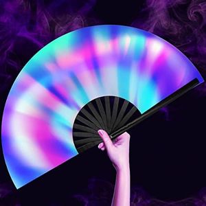 OMyTea UV Glow Rave Fan Foldable for Women/Men/Drag Queen - Large Clack Festival Folding Hand Fan - for EDM, Music Festival, Event, Party, Dance, Performance (Aurora)