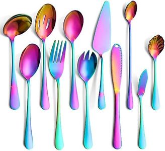 Erised's Bifrost 11 Pieces Cutlery Serving Set,Stainless Steel Flatware,Buffet Salad Serving Spoons Fork,Butter Knife/Spreader,Cake Slice Cutter,Serrated Edge,Mirror Polish,Dishwasher Safe (Rainbow)