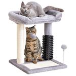 Made4Pets Cat Scratching Post, Small Cat Tree Tower 4-in-1 with Cat Self Groomer Brush, 20" Tall Natural Sisal Cat Scratcher, Soft Plush Cat Perch Bed with Dangling Ball for Indoor Kittens, Grey