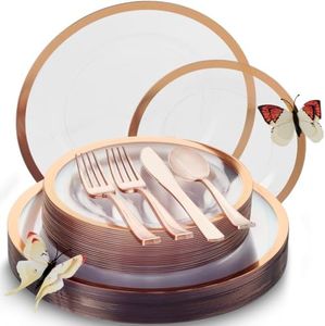 By Madee HEAVYWEIGHT 150 Pcs Clear and Rose Gold Disposable Plates for Party | HIgh End Disposable Plates and Silverware Sets | Rose Gold Plastic Dinnerware Set for 25 Guests | Gift of 3D Butterflies