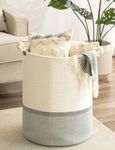 StorageWorks 72L Cotton Rope Laundry Basket with Wooden Beads Handles, Woven Basket for Storage, Dirty Clothes, Kids Toys, Towels, White & Grey