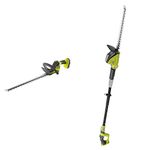 Ryobi RY18HT55A-120 18V ONE+ Cordless 55cm Hedge Trimmer Kit (1 x 2.0Ah) & ONE+ 18V OPT1845 Cordless Pole Hedge Trimmer, 45cm Blade (Body Only)