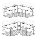 Menbyci Silver Corner Shower Caddy,Adhesive Shower Shelf with Hooks, Stainless Steel Rustproof Bathroom Storage Organizer Rack,No Drilling Shower Shampoo Holder Wall Mounted,2-Pack