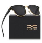 LUENX Retro Polarized Square Sunglasses for Men and Women with Semi Rimless, 52MM Non-mirrored Black Lens Glossy Black Frame with Spring Hinge