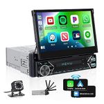 Single Din Touchscreen Car Stereo Wireless Apple CarPlay Android Auto, 7 '' Automatic Flip Out Bluetooth Car Radio with Mirror Link FM AUX-in SWC EQ USB-C Car Multimedia Player + Backup Camera