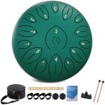 Steel Tongue Drum - 15 Note 12 Inch Tongue Drums - Steel Drum Instruments for Adult - Hand Pan Drum with Music Book, Drum Mallets and Carry Bag, C Major, Green