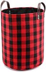 17.7" Large Collapsible Storage Basket with Leather Handles, Red Buffalo Plaid Woolen Fabric Foldable Tote Bags Round Home Decorative Organizer Bin