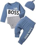 Oranchids Newborn Baby Boy Clothes Color Block Letter Print Long Sleeve Romper+Pants+Hat Fall Winter Outfits 3Pcs, Blue, Newborn