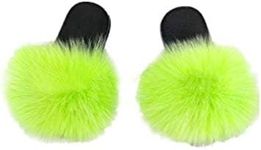 LVCOMEFF Girls Real Fox Fur Sandals Slides Fluffy Fuzzy for Kid Child (13,Neon Green)