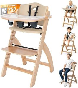 Abiie Beyond Junior Wooden High Chair with Tray - Adjustable and Convertible High Chair for Babies and Toddlers - 6 Months to 250 Lb - Water Resistant - Natural Wood with Beige Cushion