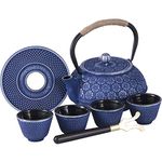 Ufine Blue Floral Cast Iron Japanese Style Teapot Set Tetsubin Tea Brewing Kettle with 4 Cups, Stainless Steel Infuser for Stove Top - 26 oz