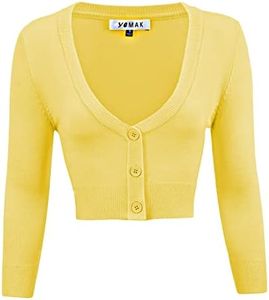 YEMAK Women's Cropped 3/4 Sleeves Cardigan Sweater Vintage Inspired Pinup,Baby Yellow,Small