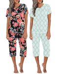 Ekouaer 2 Pack Women's Sleepwear Capri Pajama Sets Short Sleeve Two-Piece Pjs V Neck Tops & Capri Pants with Pockets S-3XL