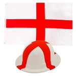 ENGLAND SPORTS SUPPORTERS SET - 5FT X 3FT ST GEORGE'S CROSS FLAG + WHITE AND RED ENGLISH FLAG PLASTIC BOWLER HAT - ADULTS FOOTBALL FANS FANCY DRESS ACCESSORY KIT