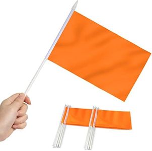 Anley Orange Mini Flag 12 Pack - Hand Held Small Miniature Solid Orange Blank Flags on Stick - Fade Resistant & Vivid Colors - 5x8 Inch with Solid Pole & Spear Top