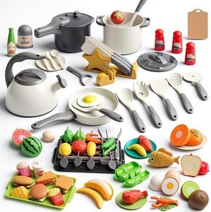 Zero Zoo 105Pcs Kids Kitchen Toy Accessories, Toddler Pretend BBQ Camping Cooking Playset, Play Pots, Pans, Utensils Cookware Toys, Play Food Set, Vegetables, Learning Gift for Girls Boys