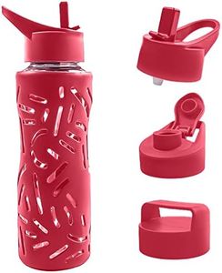 TOP&TOP TOPS IS NOT ENOUGH 25oz Glass Water Bottles with Silicone Sleeve, 3 Different Lids (BPA Free) for Wide Mouth Glass Drink Bottles for Fitness and Outdoor (Red)